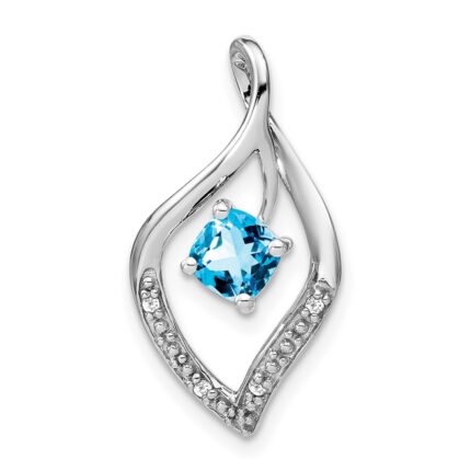 14k White Gold 5mm Cushion Blue Topaz and Diamond Leaf Chain Slide