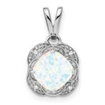 14k White Gold Cushion Lab Created Opal and Diamond Pendant