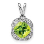 14k White Gold 7mm Cushion Peridot and Diamond Pendant