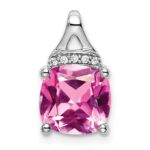 14k White Gold Cushion Lab Created Pink Sapphire and Diamond Pendant