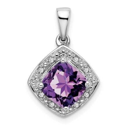 14k White Gold 7mm Cushion Amethyst and Diamond Halo Pendant