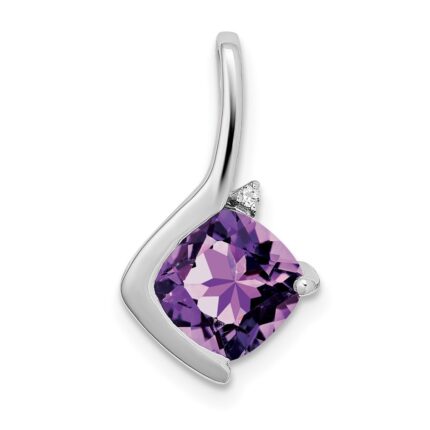 14k White Gold 7mm Cushion Amethyst and Diamond Pendant