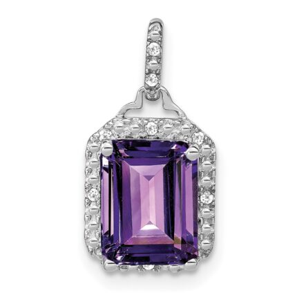 14k White Gold 9x7mm Emerald-cut Amethyst and Diamond Halo Pendant