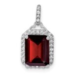 14k White Gold 9x7mm Emerald-cut Garnet and Diamond Halo Pendant