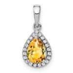 14k White Gold 7x5mm Pear Citrine and Diamond Halo Pendant