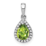 14k White Gold 7x5mm Pear Peridot and Diamond Halo Pendant