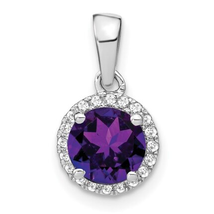 14k White Gold 6.5mm Round Amethyst and Diamond Halo Pendant