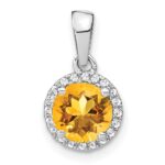 14k White Gold 6.5mm Round Citrine and Diamond Halo Pendant