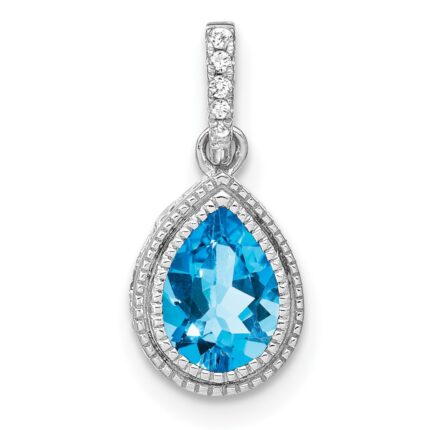 14k White Gold 7x5mm Pear Blue Topaz and Diamond Pendant