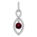 14k White Gold 6mm Round Garnet Dangle and Diamond Chain Slide