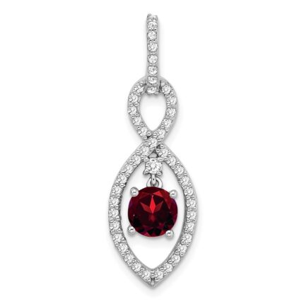 14k White Gold 6mm Round Garnet Dangle and Diamond Chain Slide