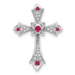 14k White Gold Round Ruby and Diamond Fleur de Lis Cross Chain Slide