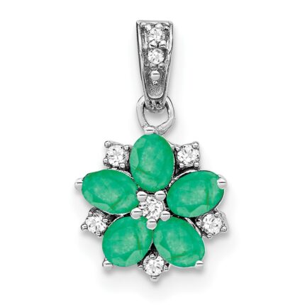 14k White Gold Emerald and Diamond Floral Pendant