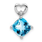 14k White Gold 7mm Cushion December/Blue Topaz and Diamond Heart Chain Slide