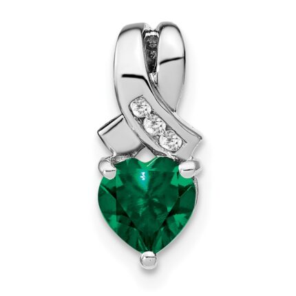 Sterling Silver Rhodium-plated Created Emerald/Diamond Pendant