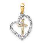 14k Two-tone Heart with Cross 1/8 carat Diamond Pendant