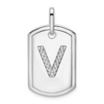 14K White Gold  Diamond Initial V Dog Tag Charm