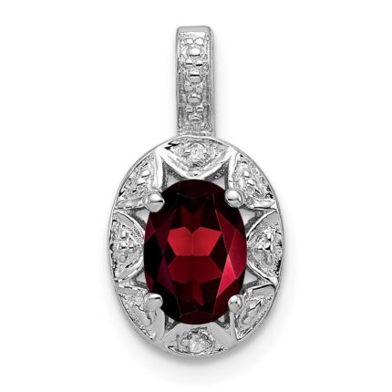 Sterling Silver Rhodium-plated Diam. & Garnet Pendant