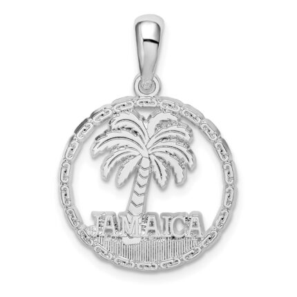 De-Ani Sterling Silver Rhodium-Plated Jamaica with Palm Tree Cut-Out Disc Pendant