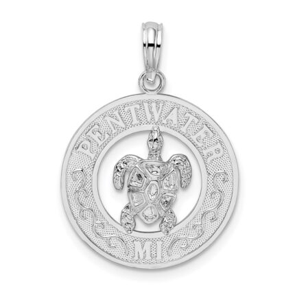 De-Ani Sterling Silver Rhodium-Plated Pentwater Michigan Circle with Turtle Pendant
