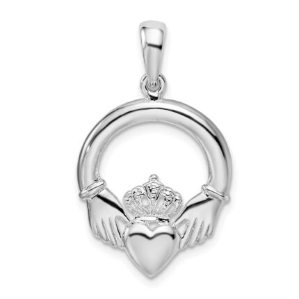 De-Ani Sterling Silver Rhodium-Plated Polished Large Claddagh Circle Pendant