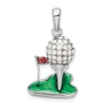 De-Ani Sterling Silver Rhodium-Plated Polished Enameled Golf Ball with Tee Pendant