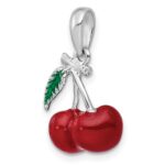 De-Ani Sterling Silver Rhodium-Plated Polished 3D Enameled Cherries Pendant - Image 5