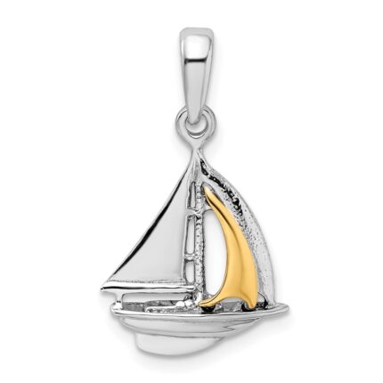 De-Ani Sterling Silver Rhodium-Plated Polished 3D Sailboat with 14k Sail Pendant
