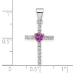 Sterling Silver Rhodium-plated Pink CZ Heart and Clear CZ Cross Pendant - Image 3