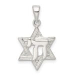 Sterling Silver Polished and D/C Star of David w/Chai Pendant