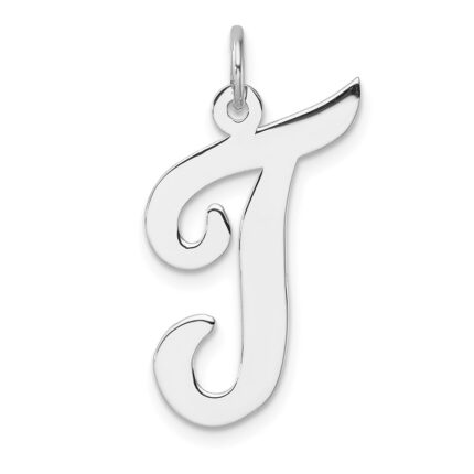 Large Sterling Silver Rhodium-plated Script Letter T Initial Charm