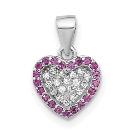 Sterling Silver Rhodium-plated Clear and Pink CZ  Heart Pendant