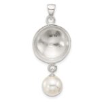 Sterling Silver Polished Textured Domed Flower with Dangle Pearl Pendant - Image 3