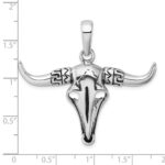 Sterling Silver Rhodium-plated Antiqued Bull Skull Pendant - Image 4