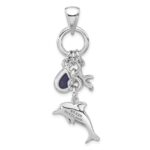 Sterling Silver Rhodium-plated Antiqued Lapis Lazuli Dolphin and Starfish Pendant - Image 3