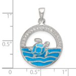 Sterling Silver Polished Blue Enamel and CZ Sea Turtle Circle Pendant - Image 4