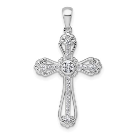 Sterling Silver Rhodium-plated Polished Fancy CZ Cross Pendant