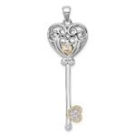 Sterling Silver Rhodium-plated with 14k Accent Polished CZ Filigree Heart Key Pendant