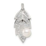 Sterling Silver Polished CZ and Acrylic Pearl on Leaf Chain Slide Pendant