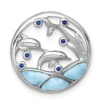 Sterling Silver Rhodium-plated Polished Larimar and Blue CZ Dolphins Chain Slide Pendant