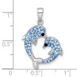 Sterling Silver Rhodium-plated Polished Blue and Black Crystal Dolphins Heart Shape Pendant - Image 4