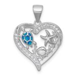 Sterling Silver Rhodium-plated Polished and Textured Blue Lab Created Opal and CZ Sealife Heart Pendant