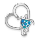 Sterling Silver Rhodium-plated Polished Blue Lab Created Opal Turtle Open Heart Chain Slide Pendant