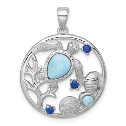 Sterling Silver Rhodium-plated Polished and Textured Larimar and Blue CZ Sealife Pendant