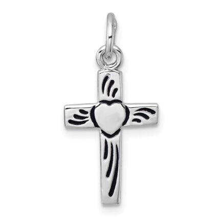 Sterling Silver Rhodium-plated Enameled Polished Heart Cross Pendant
