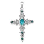 Sterling Silver Rhodium-plated Polished Compressed Turquoise Cabochons Fancy Cross Pendant - Image 3