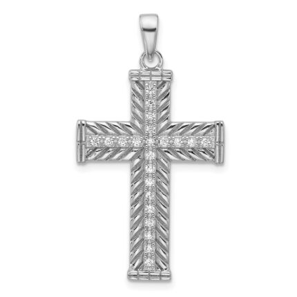 Sterling Silver Rhodium-plated CZ Polished and Textured Cross Pendant