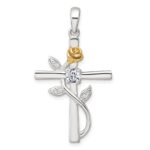 Sterling Silver E-Coat Polished Cross with CZ and Gold-tone Rose Pendant