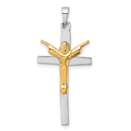 Sterling Silver Rhodium-plated Gold-tone Crucifix with Raised Arms Pendant