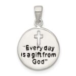 Sterling Silver Polished Black Enamel EVERY DAY IS A GIFT FROM GOD Cut Out Cross Disc Pendant